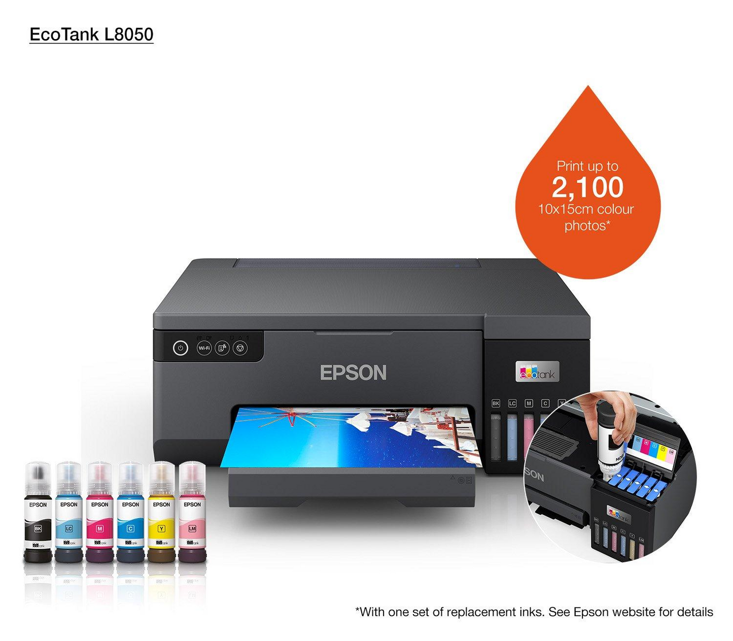 Imprimante EPSON à JET D'ENCRE GRAND PUBLIC L8050 - Avec son réservoir d’encre 6 couleurs de grande capacité