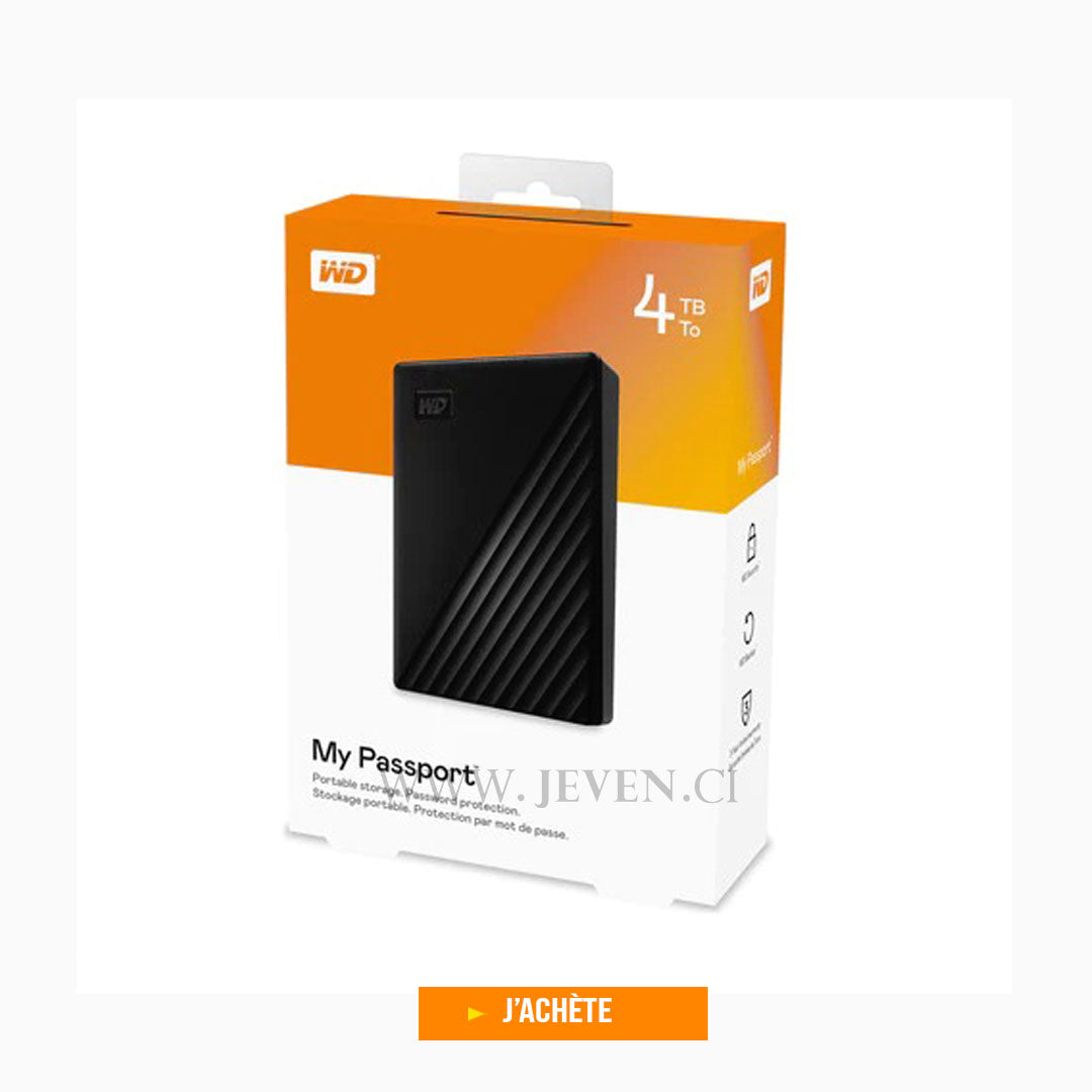 Disque Externe HDD Portable- 4 Tera- Western Digital My Passport- pour Ordinateur Portable