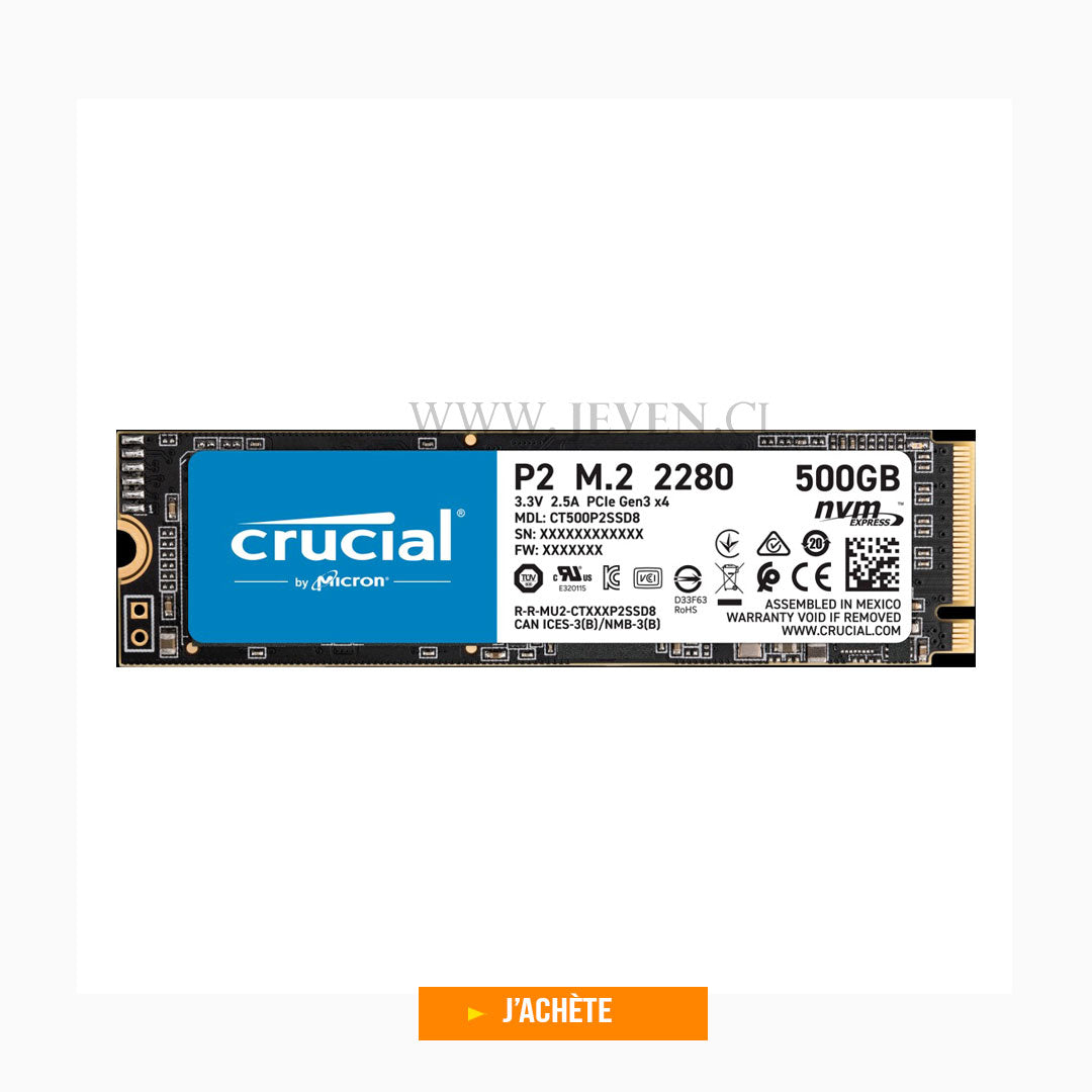 Disque interne SSD- 500Go M.2- Crucial P2 PCIe NVMe- pour Ordinateur Portable