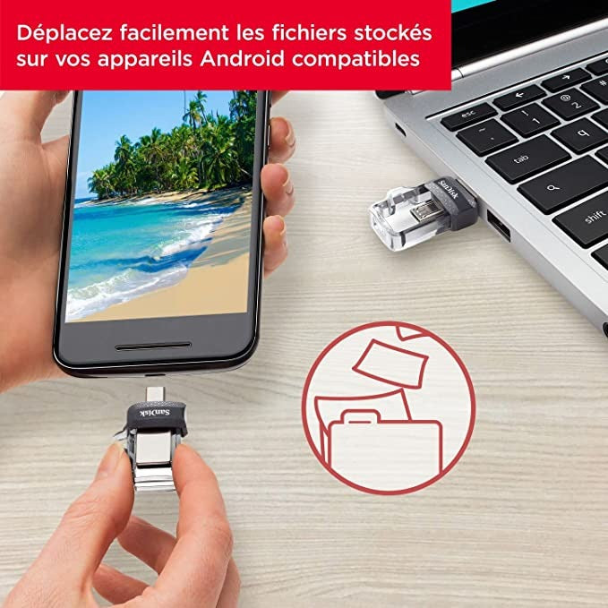 Clé USB SanDisk 32Go- Double connectique micro-USB et USB 3.0- Compatible Android OTG