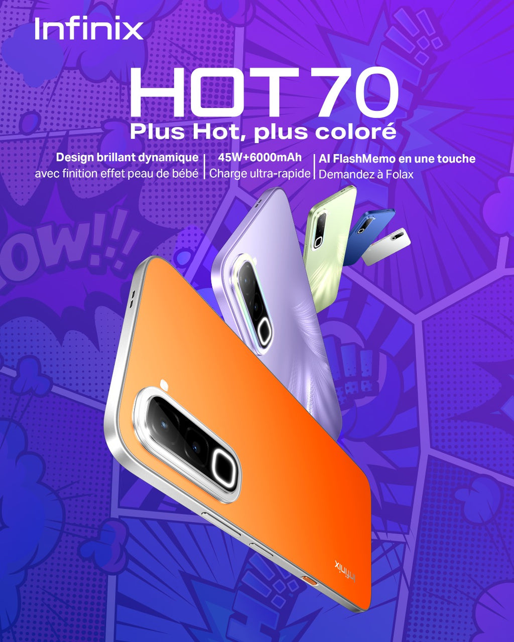 Infinix Hot 70 – Écran 120 Hz, Batterie 6000 mAh, Helio G100 Ultimate, Design Thermochromique, L'Équilibre Parfait entre Gaming et Endurance chez JEVEN CI