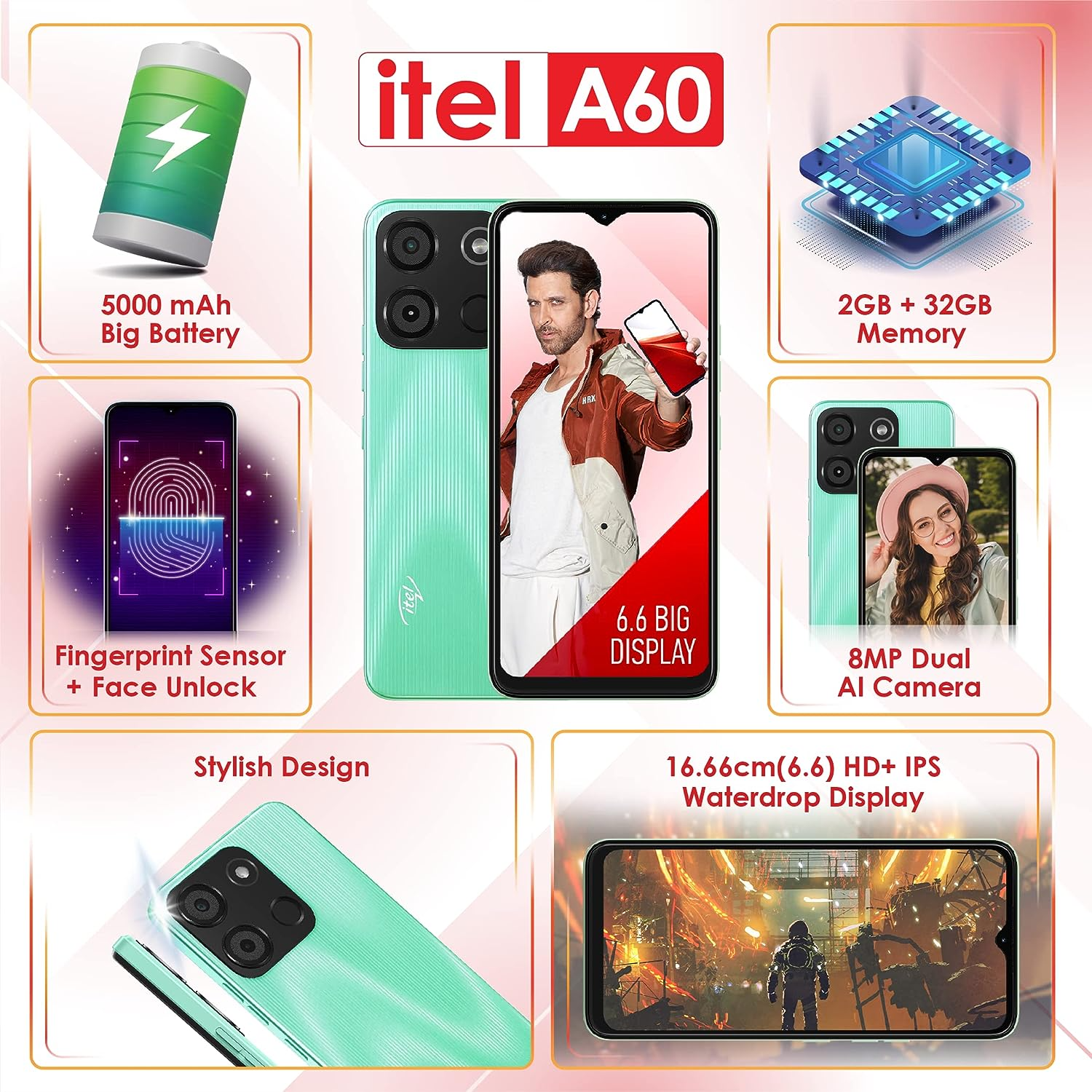 iTel A60 - 2Go 32Go- 5MP/8MP- 4G- 6.6" Pouces- 5000Mah- Déverrouillage faciale