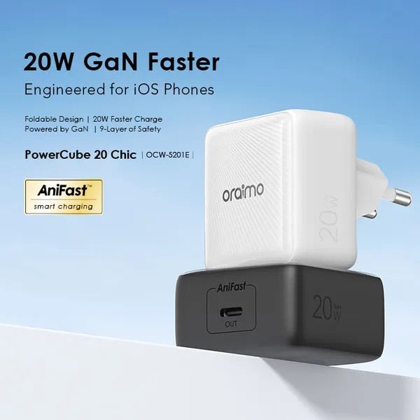 Oraimo PowerCube 20 Chic (OCW-5201E-CL55) – Charge Rapide GaN 20W, Ultra Compact, Sécurisé et Compatible Apple