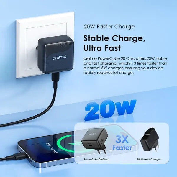 Oraimo PowerCube 20 Chic (OCW-5201E-CL55) – Charge Rapide GaN 20W, Ultra Compact, Sécurisé et Compatible Apple