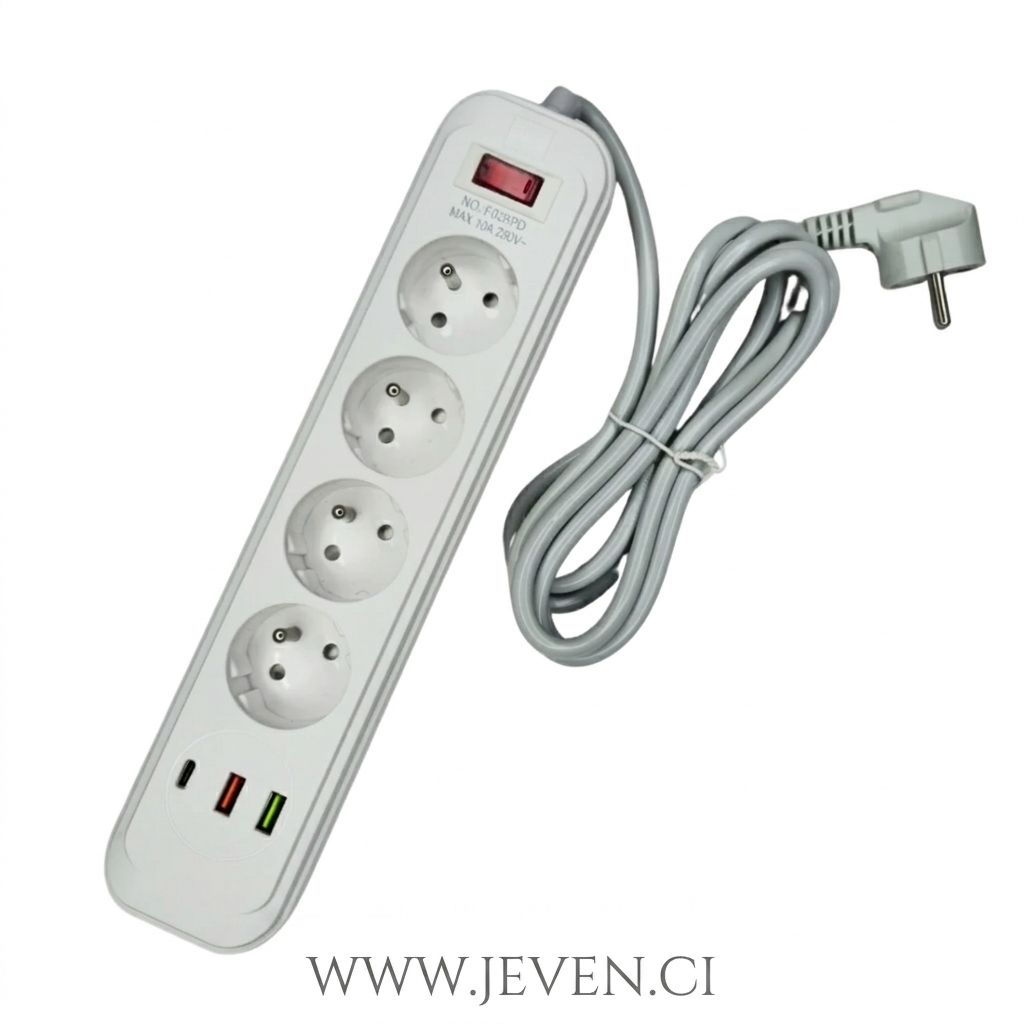 Multiprise ANTHO Premium – 4 Prises Secteur, 3 Ports USB (dont Type-C), Protection contre les Surtensions, La Solution de Charge Complète et Sécurisée pour Bureau et Maison