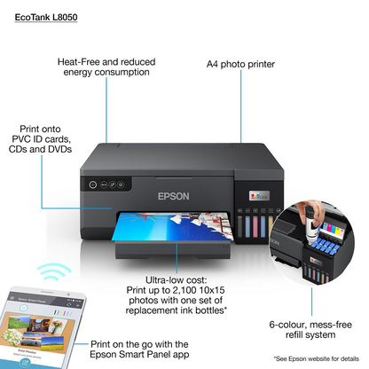 Imprimante EPSON à JET D'ENCRE  GRAND PUBLIC L8050 - Avec son réservoir d’encre 6 couleurs de grande capacité