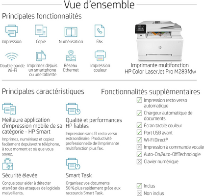 Imprimante Laser HP Color LaserJet Pro M283fdw - Impression, copie, numérisation, fax Couleur