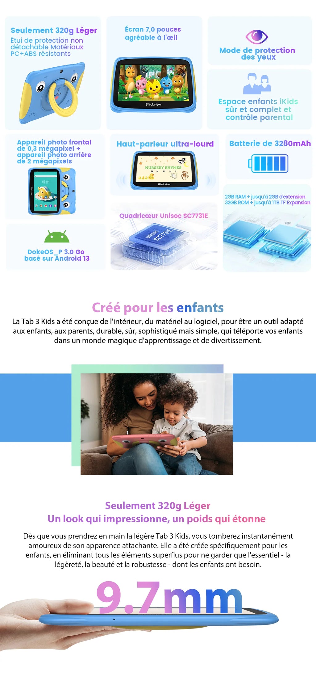 Tablette Blackview Tab 3 Kids – Écran 7,0", 32 Go Stockage, Coque Antichoc Enfant Intégrée, L'Outil Éducatif et de Divertissement Idéal pour Vos Enfants en Promo