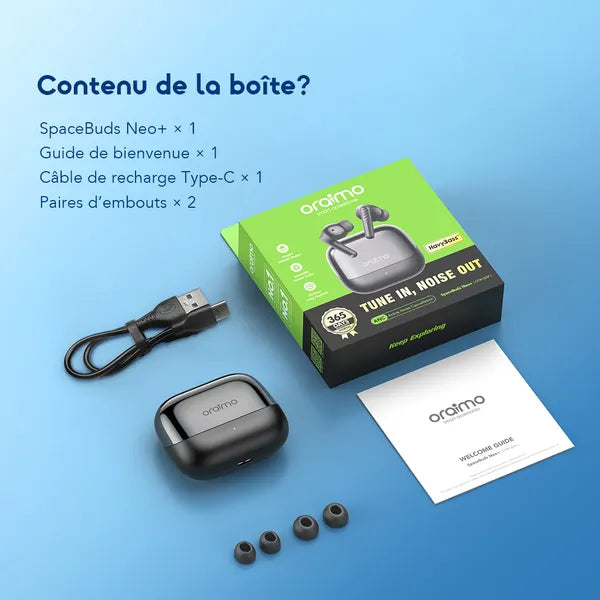 Oraimo SpaceBuds Neo+ – Réduction Active du Bruit (ANC), Bluetooth V5.4, Jusqu'à 30 Heures d'Autonomie, Le Son Immersif Haute Définition en Promo