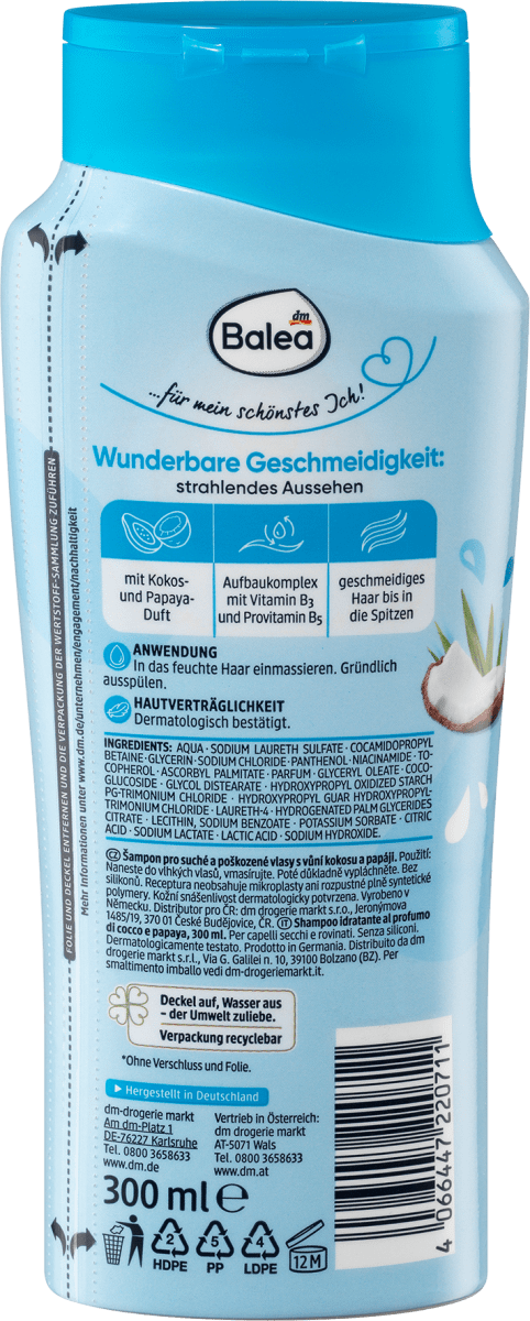 Shampooing Balea - hydratant au parfum de noix de coco et de papaye