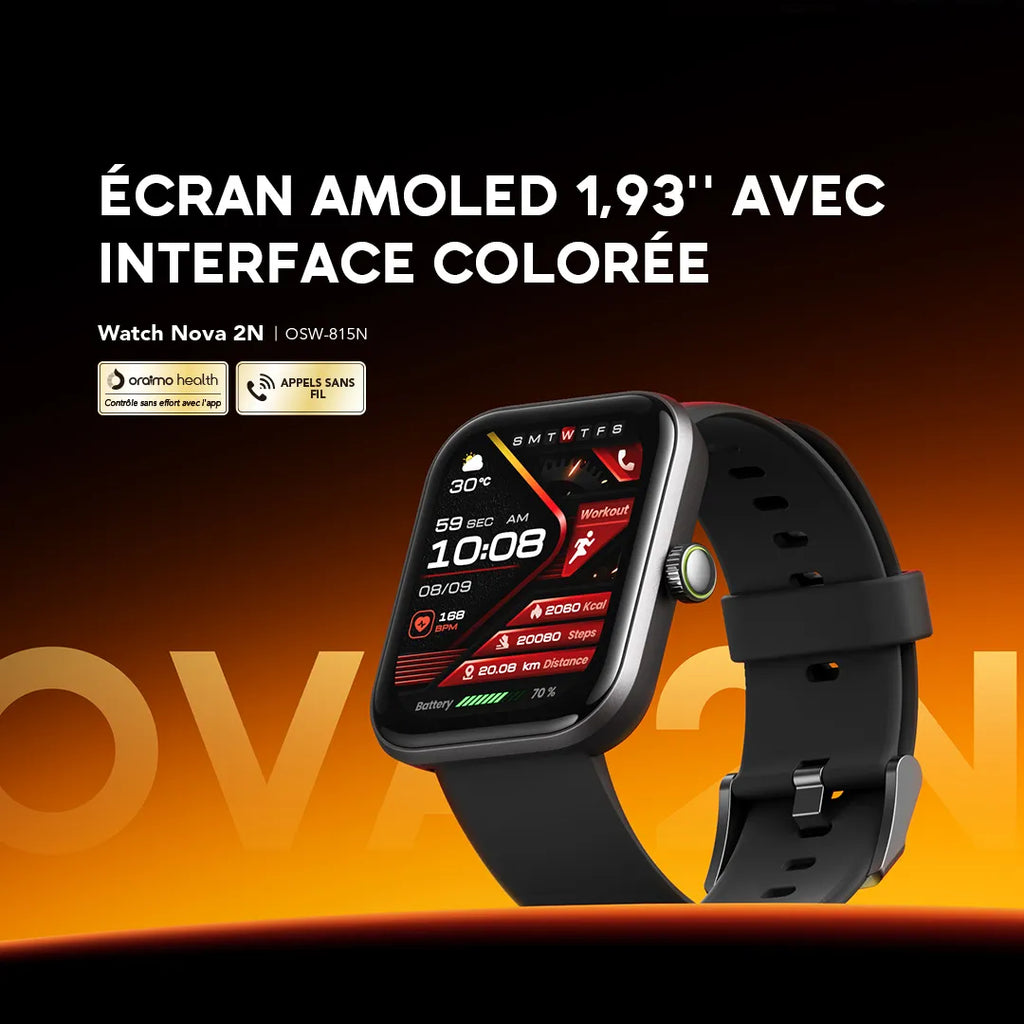 Oraimo Watch Nova 2N – Montre Connectée HD, Appels Bluetooth, Suivi Santé & Sport complet, L'Alliance Parfaite du Style et de la Praticité au Quotidien