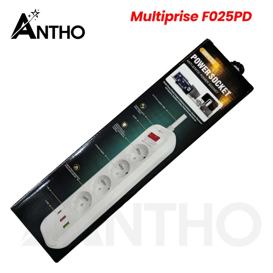 Multiprise ANTHO Premium – 4 Prises Secteur, 3 Ports USB (dont Type-C), Protection contre les Surtensions, La Solution de Charge Complète et Sécurisée pour Bureau et Maison