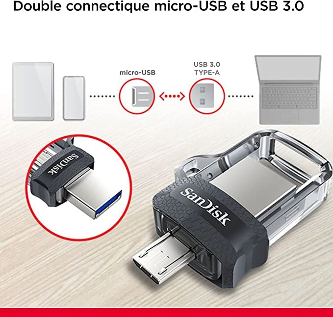 Clé USB SanDisk 32Go- Double connectique micro-USB et USB 3.0- Compatible Android OTG