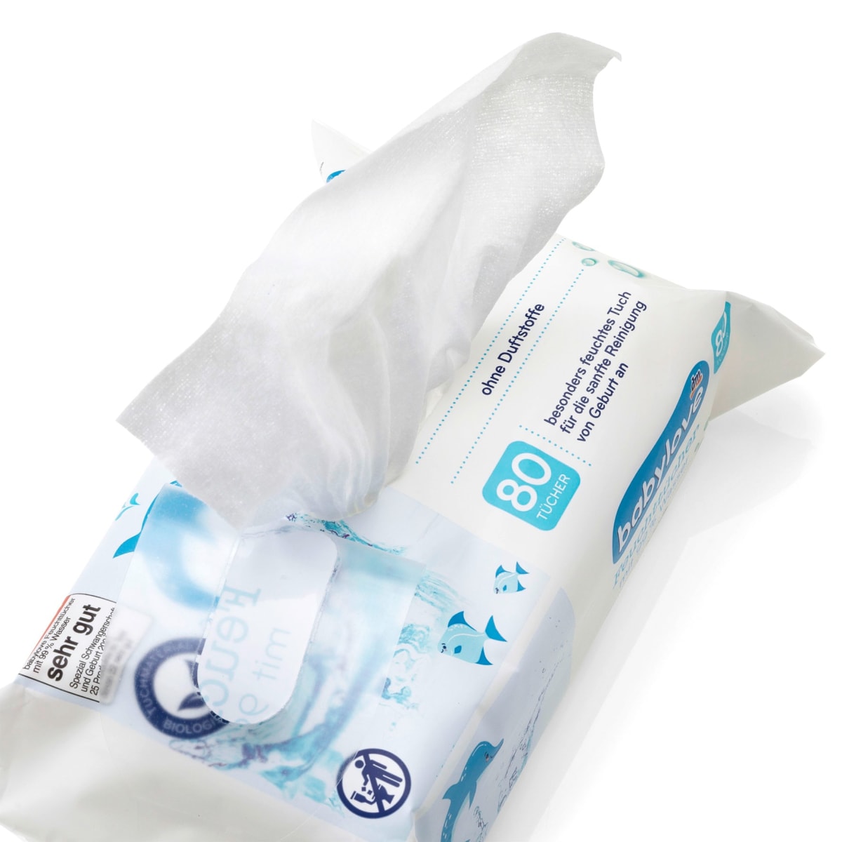 Lingettes humides Babylove avec 99 % d'eau- 80 pièces (à l'intérieur)