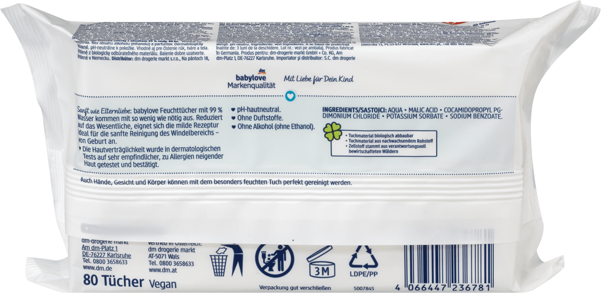 Lingettes humides Babylove avec 99 % d'eau- 80 pièces (à l'intérieur)