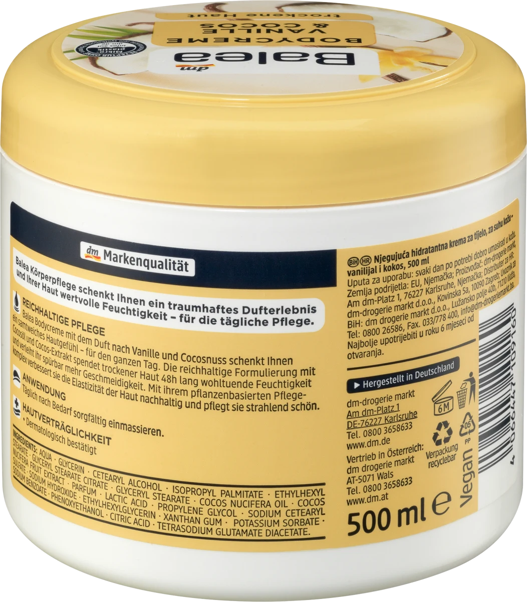 Crème Corporelle Balea Vanille & Noix de Coco- 500 ml