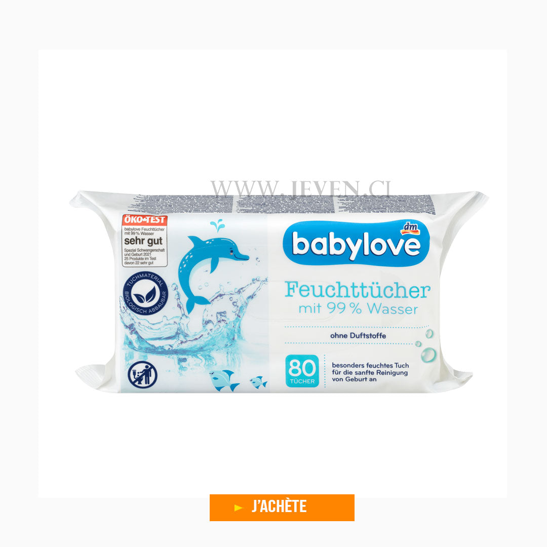 Lingettes humides Babylove avec 99 % d'eau- 80 pièces (à l'intérieur)